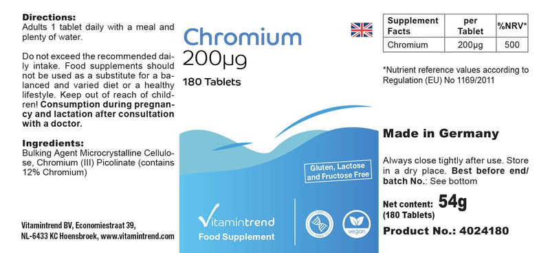 Chromium 200mcg - Chromium picolinate - 180 tablets - ! FOR 6 MONTHS ! - vegan - high dosage - NewNest Australia