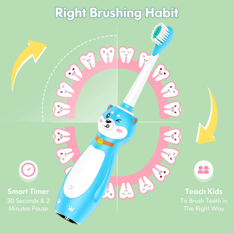 Kids Electric Toothbrush Rechargeable, Sonic Silicone Teeth Brush with Timer for Children Boys Girls Ages 3+, 3 Modes with Memory, 4 Soft Brush Heads (Blue Shiba Inu Dog) Blue - NewNest Australia