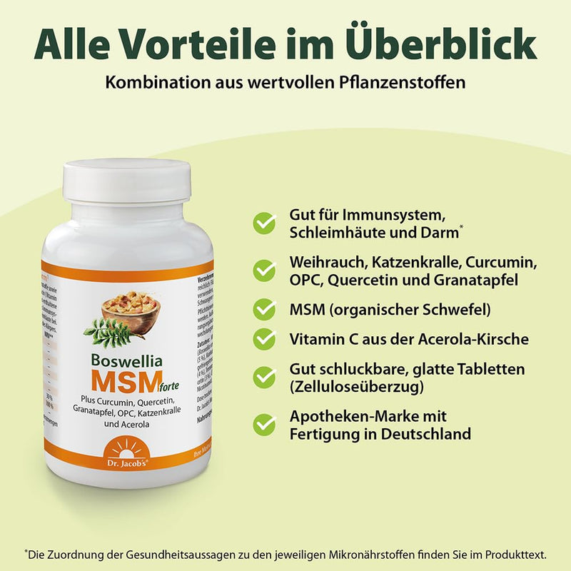 Boswellia MSM forte I frankincense, MSM (organic sulfur), cat's claw, curcumin, OPC, quercetin, pomegranate I for the immune system¹, mucous membranes and intestines² I 90 tablets, 30 servings I vegan - NewNest Australia