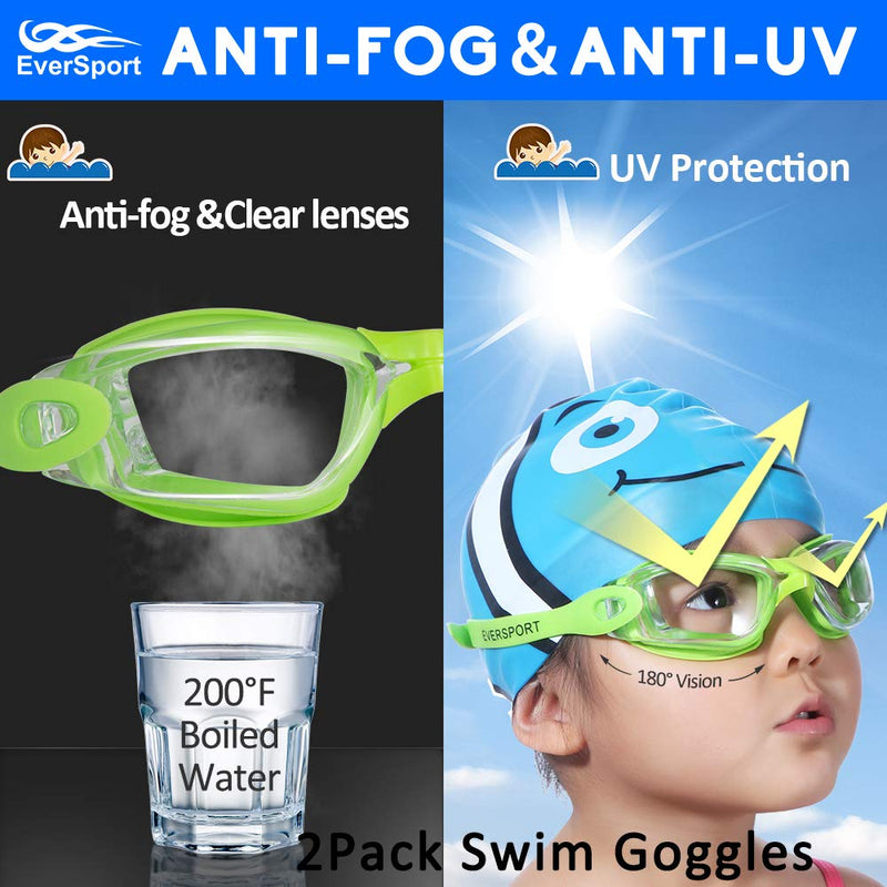 Kids Swim Goggles, Pack of 2 Swimming Goggles for Children Teens, Anti-Fog Anti-UV Youth Swim Glasses Leak Proof for Age4-16 Lightblue & Green - NewNest Australia