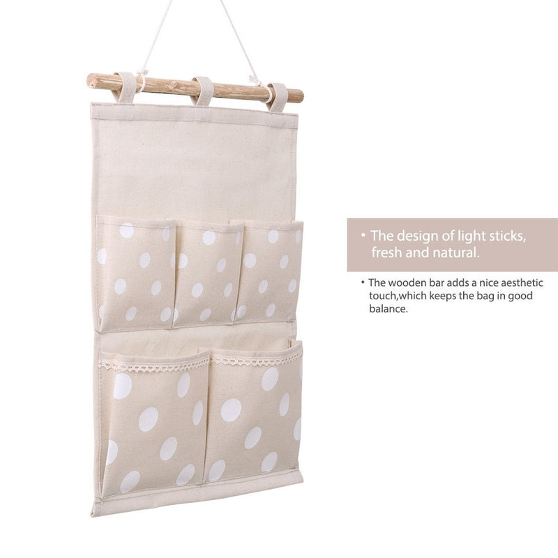 Homecube Linen Cotton Fabric Wall Door Cloth Hanging Storage Bag Case 5 Pocket Home Organizer (White Polka Dots) White - NewNest Australia
