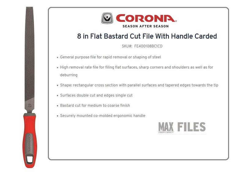 Corona FE400108BC1CD Flat Bastard Cut File with Handle Carded, 8-Inch 8" with Handle - NewNest Australia