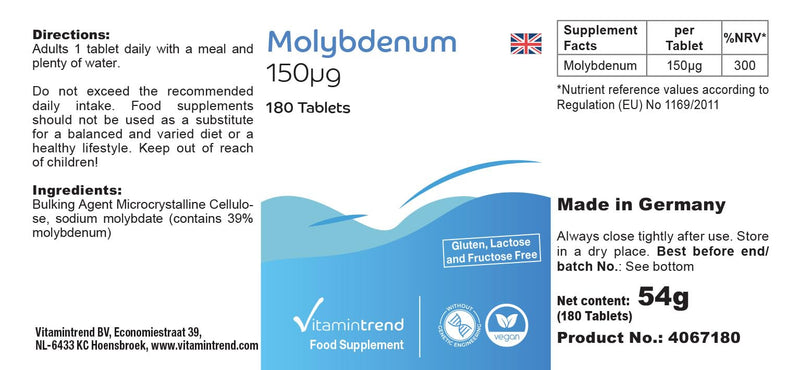 Molybdenum 150mcg - 180 tablets - ! FOR 6 MONTHS ! - vegan - essential trace element | Vitamintrend® - NewNest Australia
