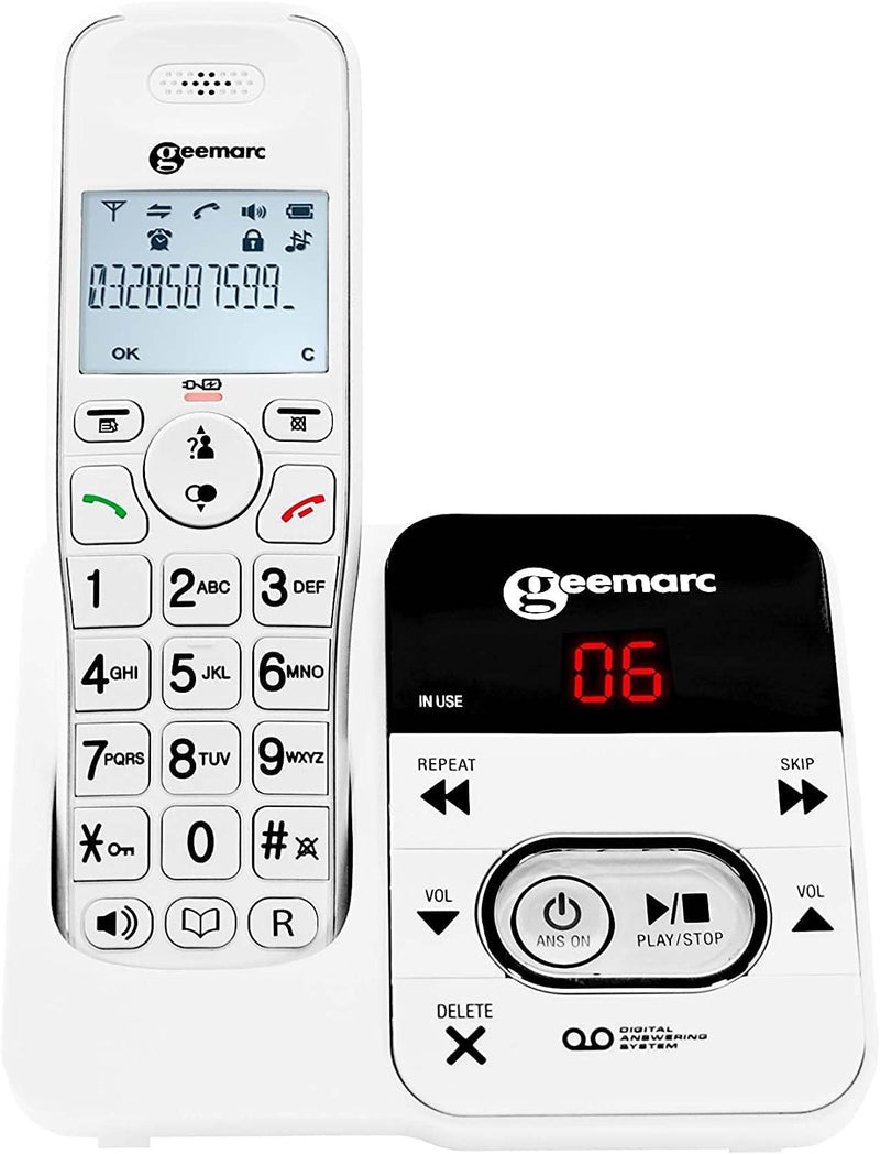 Geemarc Amplidect 295 - Amplified Cordless Home Telephone with Answering Machine and Extra Large Buttons for Seniors - Low to Medium Hearing Loss - Hearing Aid Compatible - UK Version Standard White - NewNest Australia