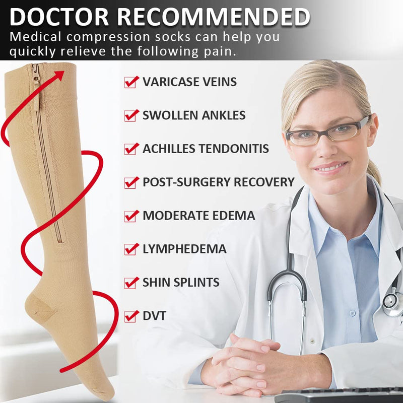 Ailaka Zipper Compression Socks Medical, 15-20 mmHg Knee High Compression Socks for Men Women, Close Toe Support Socks for Varicose Veins, Edema, Recovery, Pregnant, Nurse X-Large (1 Pair) Beige - NewNest Australia