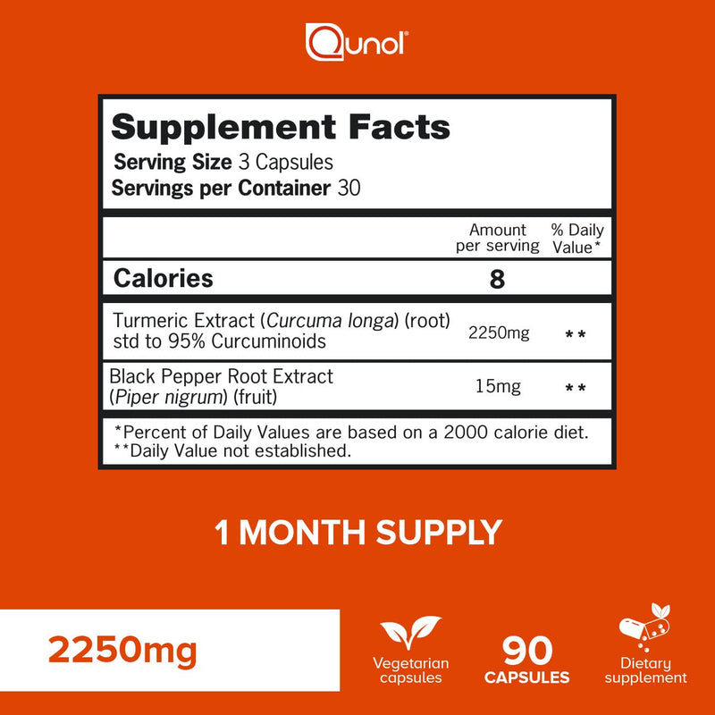 Turmeric Curcumin with Black Pepper, Qunol 2250mg Turmeric Extract with 95% Curcuminoids, Extra Strength Supplement, Enhanced Absorption, Supports Healthy Inflammation Response, 90 Vegetarian Capsules - NewNest Australia