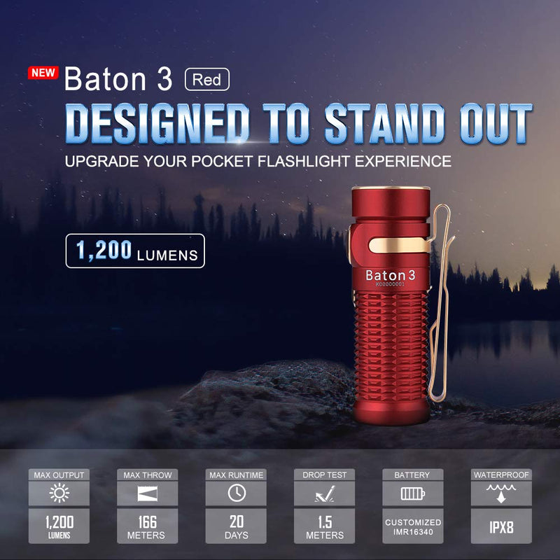 OLIGHT Baton 3 1200 Lumens Ultra-compact Rechargeable EDC Flashlight, Powered by 550mAh 3.7V IMR16340 Battery for Household Search, Outdoor Camping, Hiking and Mountaineering (Red) Red - NewNest Australia