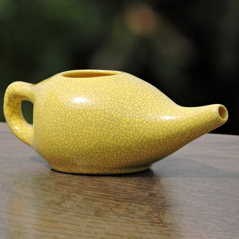 Ceramic Neti Pot for Nasal Cleansing Crackle Pattern | Neti Pot with 10 Sachets of Neti Salt + Instructions Leaflet | Natural Treatment for Sinus, Infection and Congestion (Yellow) - NewNest Australia