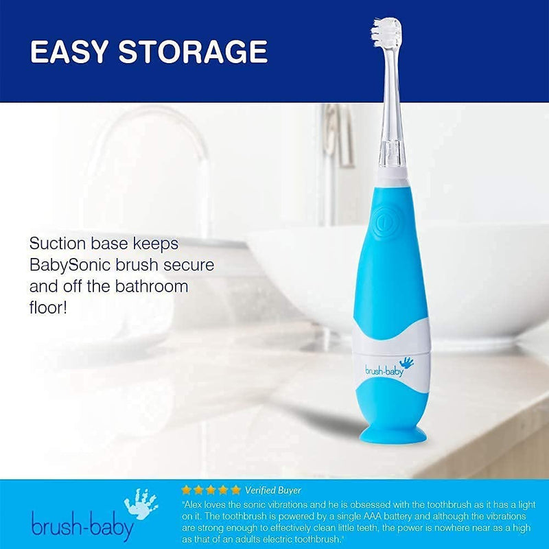 Brush Baby BabySonic Infant and Toddler Electric Toothbrush for Ages 0-3 Years - Smart LED Timer and Gentle Vibration Provide a Fun Brushing Experience - Includes 2 Sensitive Brush Heads (Blue) Blue - NewNest Australia