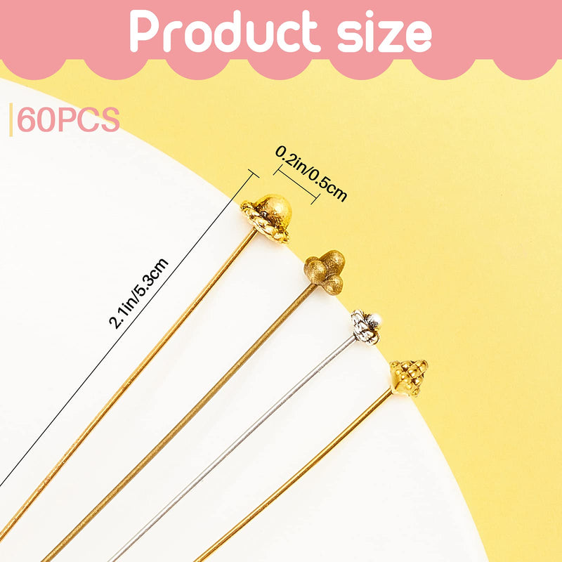 60 Pieces Jewelry Head Pins Flower Beads Ball Head Pins Needles Classical Flower Long Head Pins with Clear Box for Jewelry Making Earring Bracelet, 3 Colors (Chic Style) Chic Style - NewNest Australia