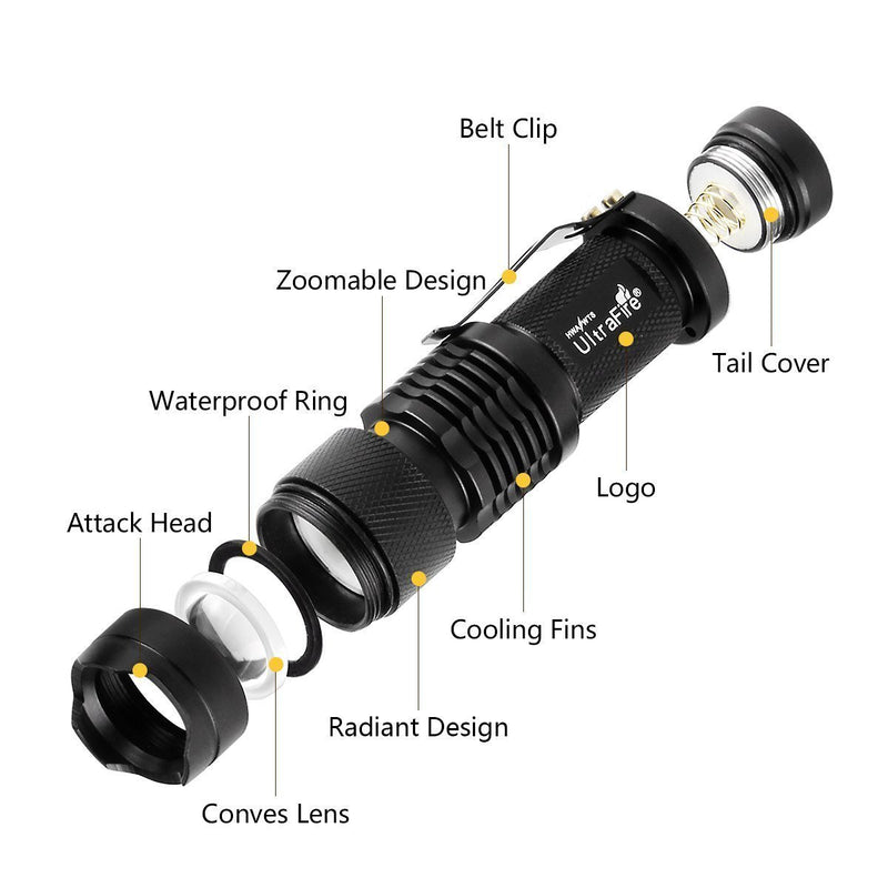 ULTRAFIRE 5 Pack SK68 Tactical and Small Flashlights,7w 3-Mode Pocket Torch Adjustable Focus Zoom Light Lamp - NewNest Australia