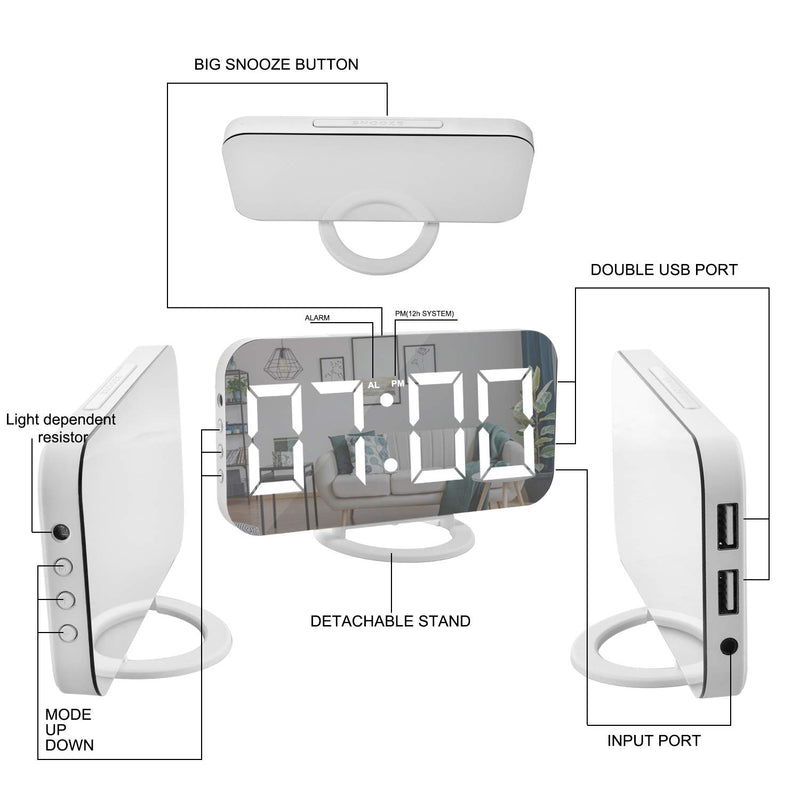 NewNest Australia - Digital Alarm Clock,6" Large LED Display with Dual USB Charger Ports | Auto Dimmer Mode | Easy Snooze Function, Modern Mirror Desk Wall Clock for Bedroom Home Office for All People White 