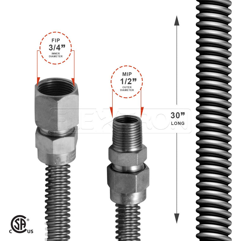 HIGHCRAFT GUHD-TT12-30R Gas Line Hose 5/8'' O.D. x 30'' Length with 3/4 in. FIP x 1/2 in. MIP Fitting, Uncoated Stainless Steel Flexible Connector, 30 Inch - NewNest Australia