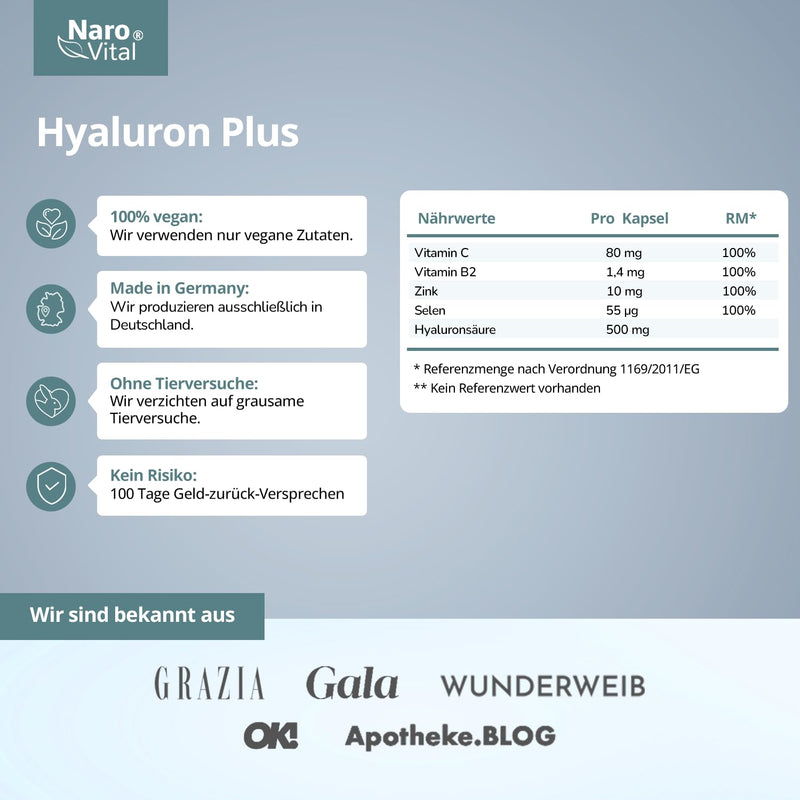 Hyaluronic Plus Hyaluronic Acid Capsules, Anti-Ageing And Joints Treatment, High Dosage 500 Mg Per Capsule, Pack Of 90 Capsules, 500-700 Kda, Vitamin B2, Zinc, Selenium And Vitamin C, 3-Month Supply, Vegan - NewNest Australia