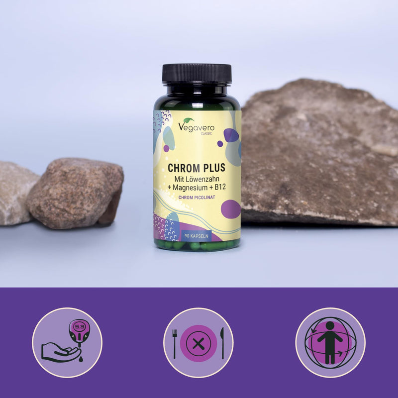 Chrome capsules | High dosage: 250 μg Chromium Picolinate & LYNSIDE® | With magnesium, B12, dandelion | For blood sugar levels* | German production of Vegavero® | Without additives | 90 capsules - NewNest Australia