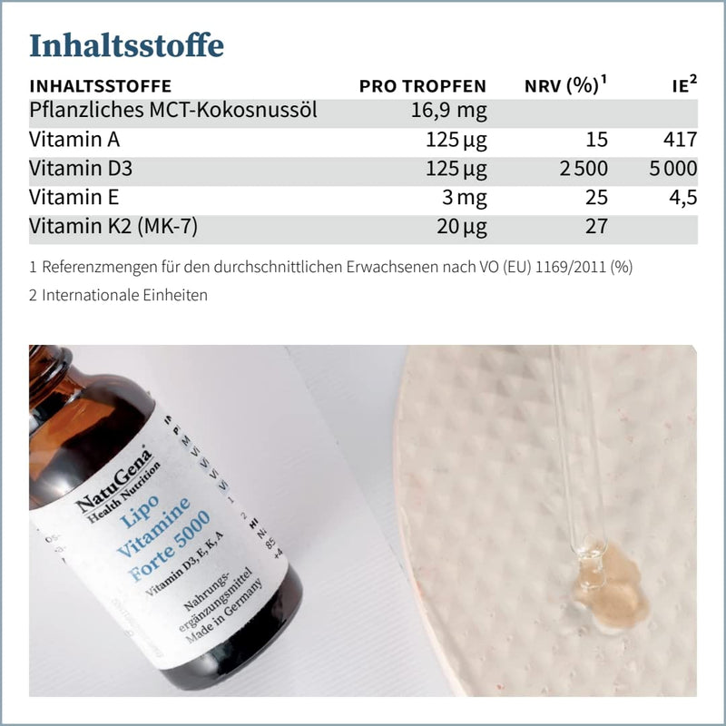 NatuGena Lipo VitamineForte 5000, vitamin D3, E, K, A, contributes to normal function of the immune system, 20 ml family pack - NewNest Australia