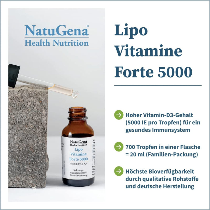 NatuGena Lipo VitamineForte 5000, vitamin D3, E, K, A, contributes to normal function of the immune system, 20 ml family pack - NewNest Australia