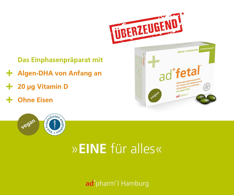 adfetal vegan prenatal - optimal care for those who want to have children, pregnancy and breastfeeding - folic acid, iodide, vitamin D, algae DHA - 90 soft capsules. + "From the desire to have children to the dream child" by Prof. Bühling - NewNest Australia