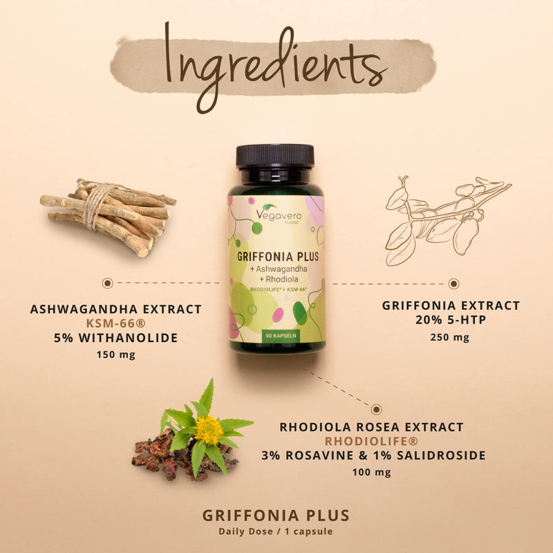 5HTP High Strength Vegavero® | Griffonia Seed, Rhodiola & Ashwagandha Extracts | Premium Branded Raw Materials | Synergistic & Natural Adaptogens | NO Additives, Lab-Tested | 90 Capsules | Vegan - NewNest Australia