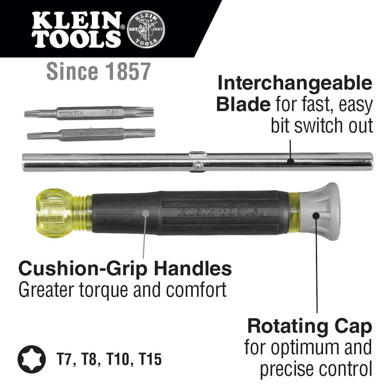 Klein Tools 32585 Multi-bit Precision Screwdriver Set, 4-in-1 Electronics Screwdriver with Industrial Strength Torx Bits, Spin Top - NewNest Australia