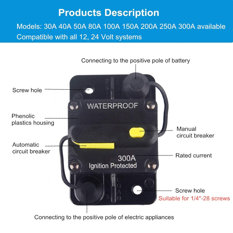 WOHHOM 100 Amp Circuit Breaker DC 12V -48V Waterproof 30A-300A Manual Reset Fuse Inverter for Trolling Motor Auto Car RV Marine Boat Current Overload Protection (100A) 100A - NewNest Australia