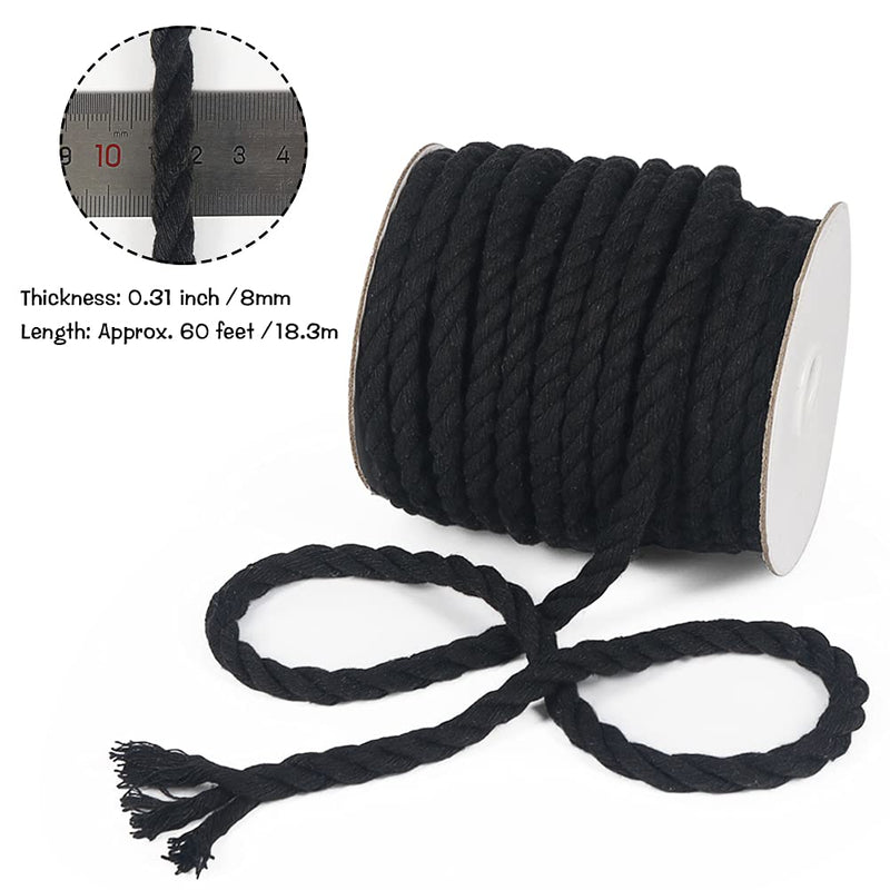 Tenn Well Black Macrame Cord 8mm, 59 Feet 3Ply Twisted Thick Cotton Rope for Crafts, Wall Hangings, Plant Hangers, Knotting 8MM x 59FT - NewNest Australia