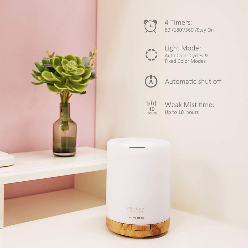 ASAKUKI 300ml Essential Oil Diffuser, Ultrasonic Aromatherapy Scented Diffuser Humidifier for Bedroom,Baby Room,Spa with 7 LED Color Lights and Waterless Auto Shut-Off, BPA-Free- Wood Grain - NewNest Australia