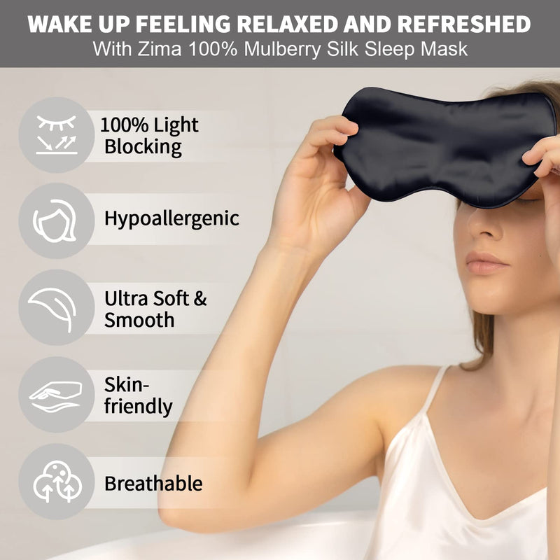 ZIMASILK 100% 22 Momme Pure Mulberry Silk Sleep Mask,Filled with 100% Mulberry Silk，Silk Wrapping Strap- Super Soft & Comfortable Sleep Eye Mask for Sleeping (Black) Black - NewNest Australia