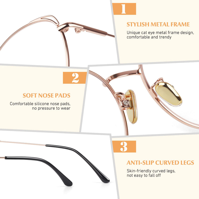 LINVO Glasses Without Prescription Women's Classic Metal Frame Glasses Frame Vintage Glasses Cat Eye Fake Glasses Rose Gold - NewNest Australia