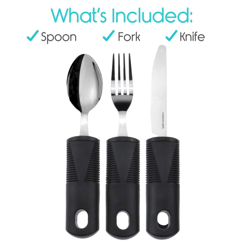 Vive Adaptive Utensil Set - Arthritis Aid Silverware for Parkinsons, Hand Tremors - Easy Grip for Shaking and Trembling Hands - Heavy Stainless Steel Spoon, Fork, Serrated Knife - Non Weighted Holder - NewNest Australia