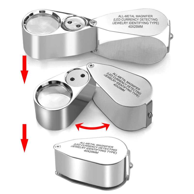 Leffis 40X Jewelers Loupe Magnifier Magnifying Glasses, LED/UV Illuminated Jewelry Loop Pocket Folding Magnifying Glass with Metal Construction for Close Work, Gardening, Kids, Stamp, Rock Collecting - NewNest Australia