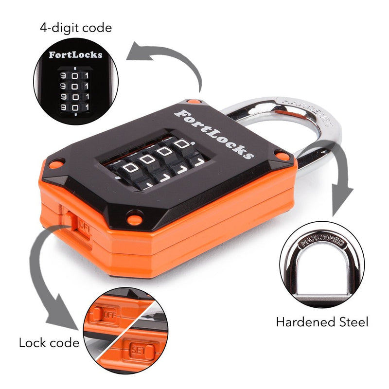 2 Pack FortLocks Gym Locker Lock - 4 Digit, Heavy Duty, Hardened Stainless Steel, Weatherproof and Outdoor Combination Padlock - Easy to Read Numbers - Resettable and Cut Proof Combo Code - Orange - NewNest Australia