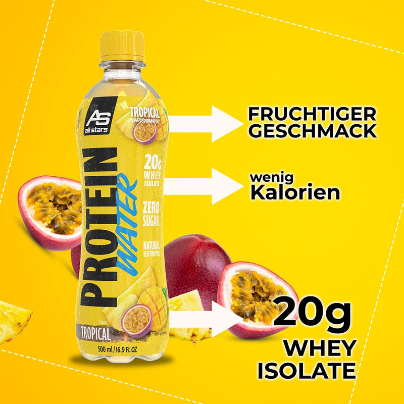 All Stars Protein Water, Delicious, Fruity Protein Drink Without Added Sugar, The Perfect Refreshing Drink For Athletes With High-Quality Whey Protein Isolates With Only 85 Calories, 6 X 500 Ml, Tropical - NewNest Australia