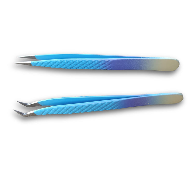 Eyelash Tweezers-2 Pieces Diamond Grip Eyelash Extensions Tweezers With Silver Tip-COSSMOO Straight And Angled Curved L-Shape Volume Tweezers For Lashes Extension, Lash Tweezers For False Lash, Blue - NewNest Australia