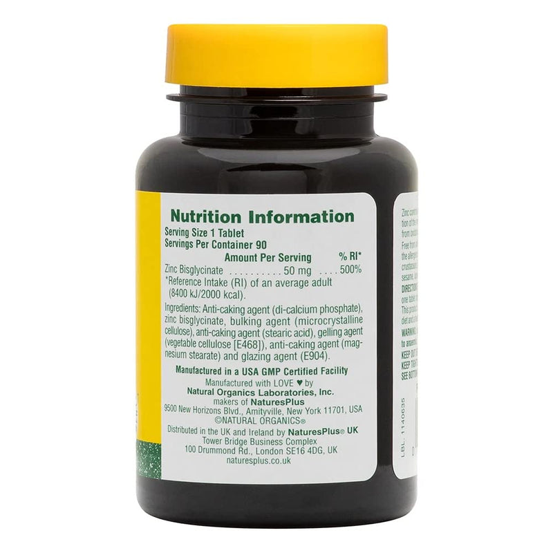NaturesPlus Zinc Tablets 50mg - Highly Bioavailable Zinc Supplement, Immune Support, Skin, Hair, Nails, Fertility and Focus - Gluten Free - 90 Vegetarian Tablets - NewNest Australia