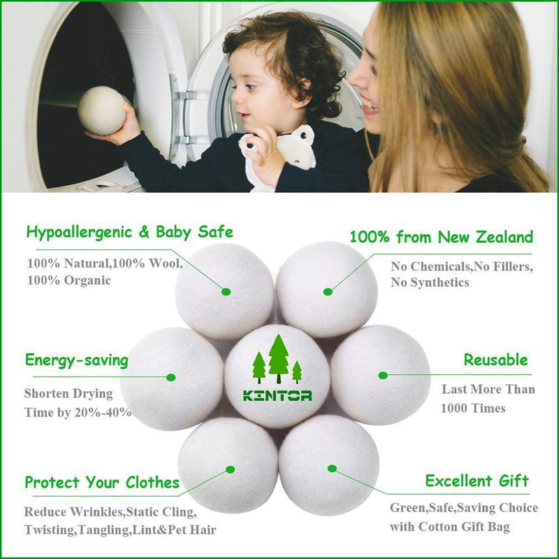 KINTOR Wool Dryer Balls XL 6 Pack 2.95", 100% New Zealand Wool Organic Fabric Softener, Hypoallergenic Baby Safe & Unscented, Chemical Free to Reduce Wrinkles & Static Cling, Shorten Drying Time White - NewNest Australia