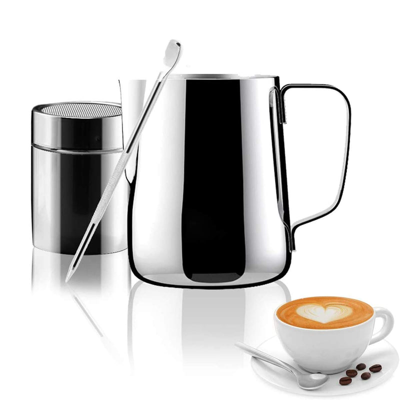 Milk Jug 600ml, Powder Shaker with Lid and Latte Art Pen Stainless Steel Milk Frothing Pitcher, for Hot Chocolate Cappuccino Coffee Latte Art Maker (600ML) - NewNest Australia