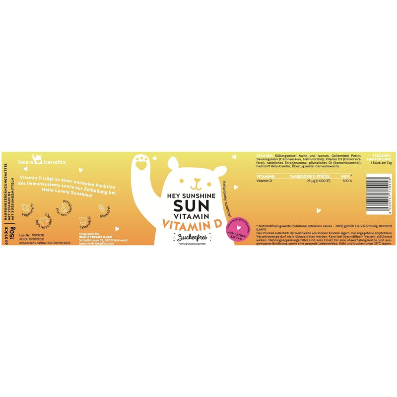 Vitamin D3 For Bones And Immune System, Alternative To Tablets And Drops, Vitamin D, High Dose, Sugar-Free Gummy Bears, Pack Of 60 For 2 Months, Hey Sunshine Sun Vitamin Bears With Benefits - NewNest Australia