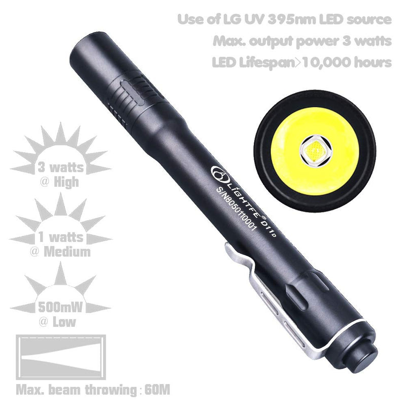 LIGHTFE Black light D11A 395nm UV Flashlight with LG LED Source, Max.3000mW Power Output for UV Glue Curing UV Light, Rock and Mineral detection, Pet Urine Detector Light, AC Leak Detector - NewNest Australia