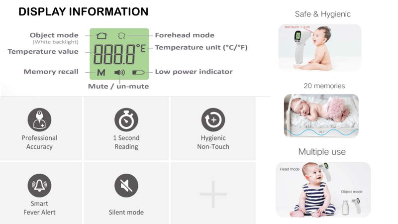 Digital Thermometer Non-Contact Infrared Thermometer Suitable for Adults and Baby, Instant Reading Indoor and Outdoor Use, LCD Screen, Readings Storage, Ear and Forehead Non-Contact - NewNest Australia