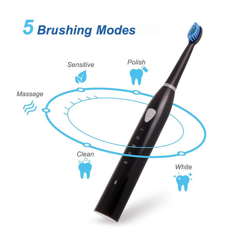 Rechargeable Electric Sonic Toothbrush for Adults 5 Modes Electric Travel Toothbrush with 2 Mins Timer and 4 Brushheads, for Daily Tooth Whitening and Oral Care (Black) Black - NewNest Australia