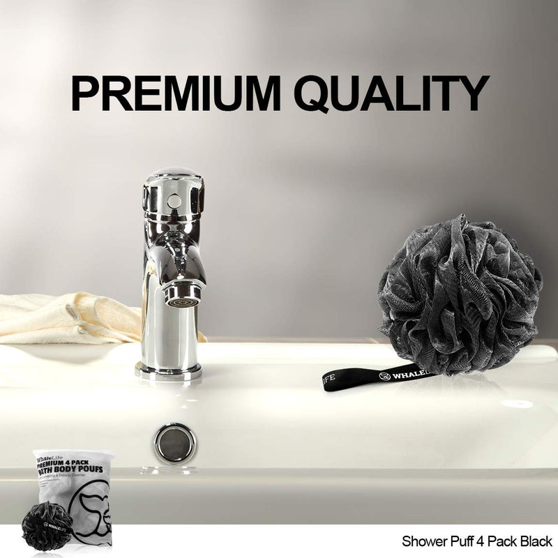Shower Puff 4 Pack Black Bath Sponge Shower Loofahs Pouf Ball Nature Bamboo Charcoal Mesh Bulk Puffs Large, Shower Essential Skin Care by WhaleLife - NewNest Australia
