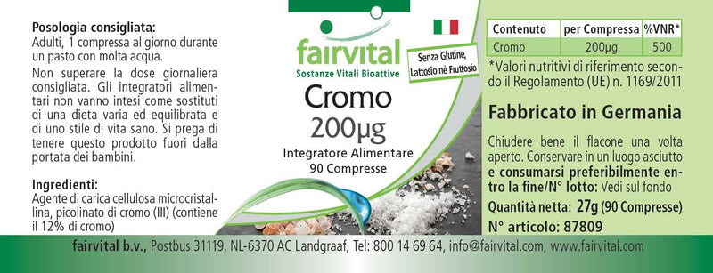 Fairvital | Chromium 200µg - with 200mcg chromium per tablet - high dose - vegan - Chromium Picolinate - essential trace element - 90 tablets - NewNest Australia
