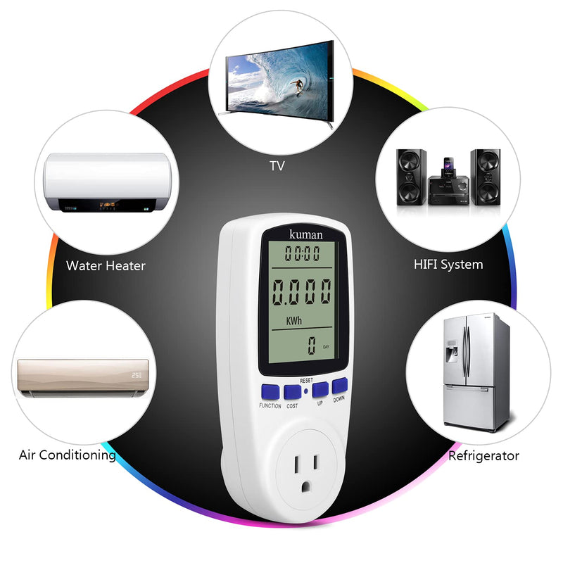 kuman KW47-US Electricity Usage Monitor Plug Power Watt Voltage Amps Meter with Digital LCD, Overload Protection and 7 Display Modes for Energy Saving (NO-Backlight), white - NewNest Australia