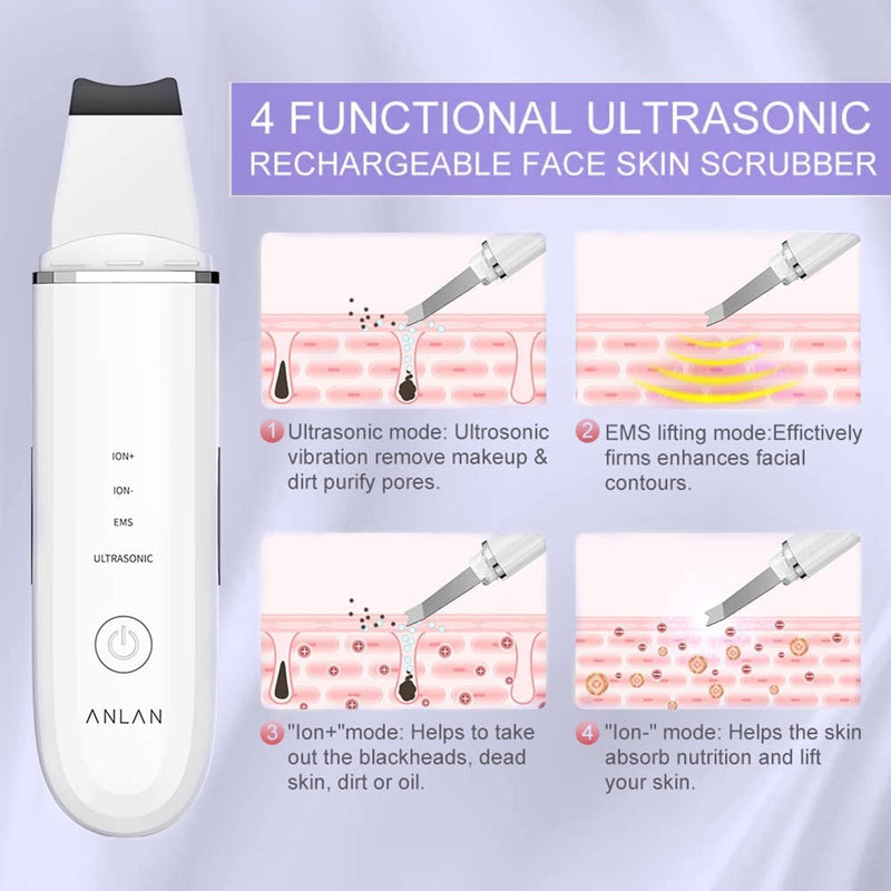 Skin Scrubber, ANLAN Ultrasonic EMS Ion Exfoliating Device Face Cleanser and Blackhead Remover Pores Cleaning Wrinkle Remover Comedone Extractor Skin Care With 4 Modes USB Rechargeable White-1 - NewNest Australia