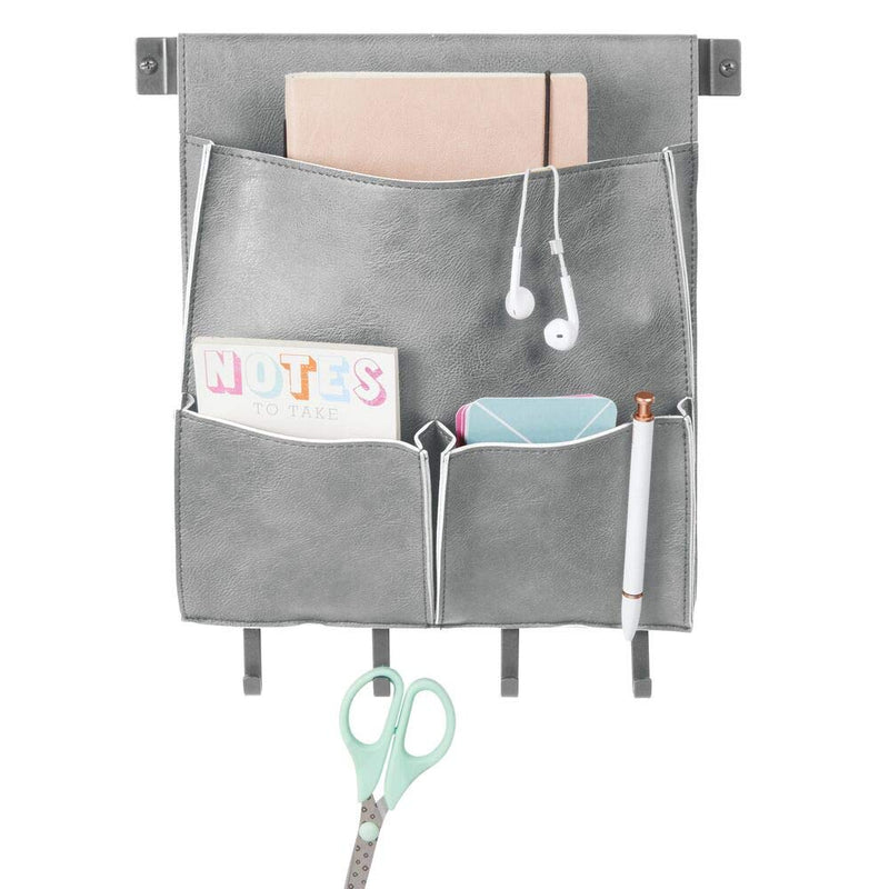 mDesign Decorative Wall Mount Soft Leather Hanging Storage Organizer Mail Sorter, Letter Holder, Key Rack for Entryway, Bedroom, Home Office, Dorm Room - 3 Pockets, 4 Hooks, 12.5" Wide - Graphite Gray Graphite Gray/Gray - NewNest Australia