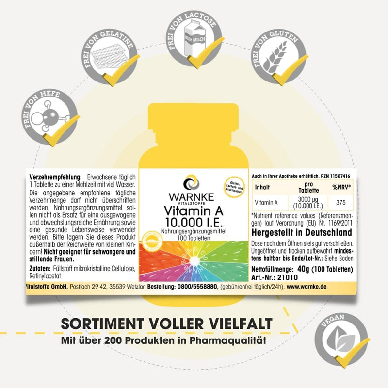 Vitamin A 10,000 IU - 3000µg retinol (retinyl acetate) per tablet - high dose & vegan - 100 tablets | Warnke vital substances - NewNest Australia