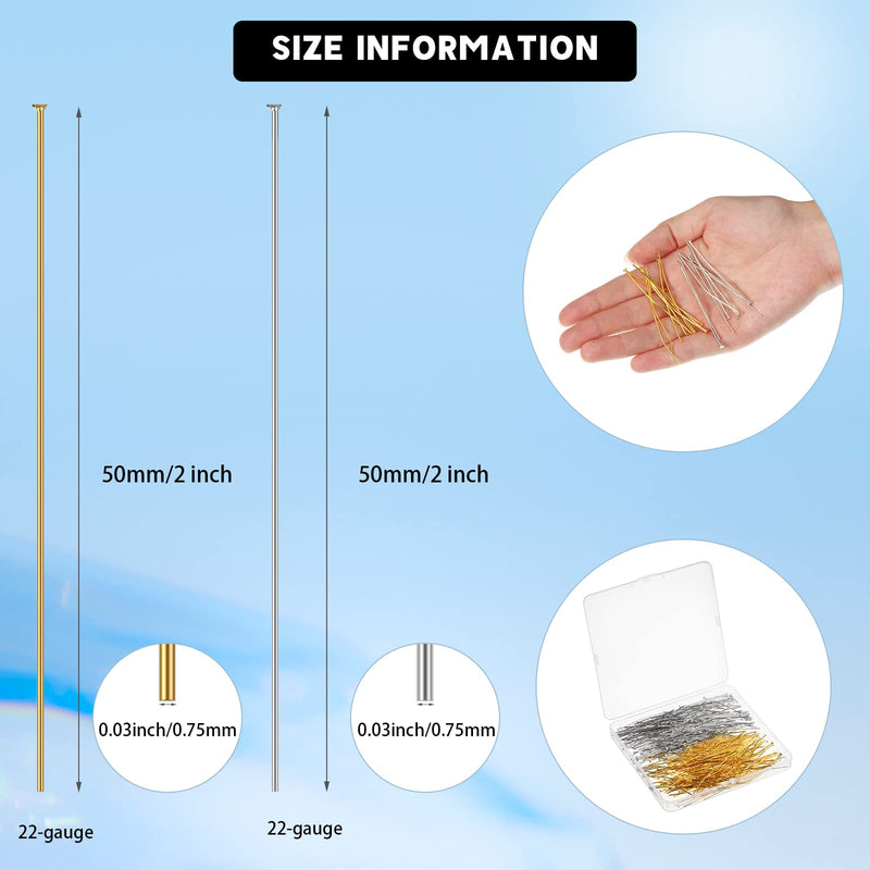 500 Pieces Flat Head Pins for Jewelry Making 2 Inch Straight Head Pins Metal End Headpins DIY Head Pin Findings with Plastic Box for Craft Earring Bracelet Necklace Pendant Supplies (Gold, Silver) Gold, Silver - NewNest Australia
