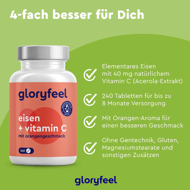 Iron with 40mg natural vitamin C - 240 tablets - Premium raw materials: iron bisglycinate (iron chelate) + vitamin C from acerola extract - Laboratory tested and made in Germany without additives - NewNest Australia