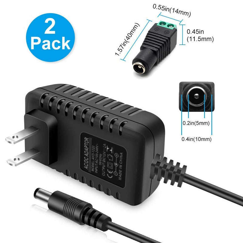 12V 2A LED Power Supply, 24W AC Adapter, 100-240V AC to 12V DC Transformer for LED Strip Lights, Wall Plug Power Adapter with 5.5/2.1 DC Female Barrel Connector (2 Pack) 2 Pack - NewNest Australia